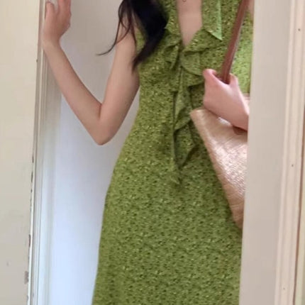 Green French V-Neck Pure Desire Sleeveless Halterneck Floral Dress Women's Summer New Seaside Vacation Long Dress