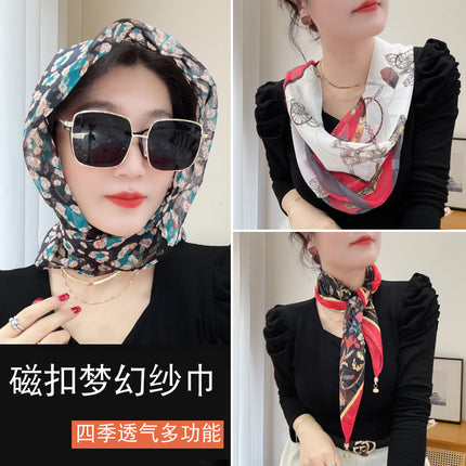 Magnetic buckle summer chiffon breathable sunscreen small square scarf neck scarf women's 2024 new all-match spring and autumn turban