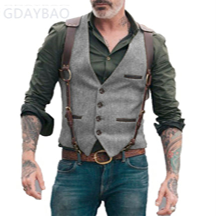 High-Quality Foreign Trade European and American Cross-Border Hot-Selling Products 2026 New Model Men's Casual Vest Solid Color Herringbone Wool Vest