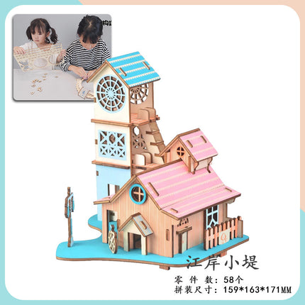 Wooden 3d 3d puzzle assembled building model youth diy style cottage educational toy small Western House