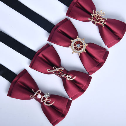 Bow tie men's formal business wine red monochrome plain diamond double flat groom wedding festive new style