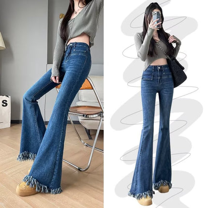 High-Waisted Frayed Flared Jeans for Women, Spring and Autumn Vintage Slim-Fit Stretchy Floor-Length Slimming Casual Versatile Pants