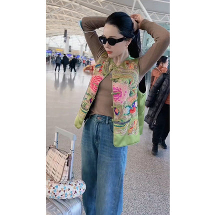 Petite New Chinese Style Retro National Style Old Money Tang Suit Green Button Vest 2024 Early Spring New Women's Clothing