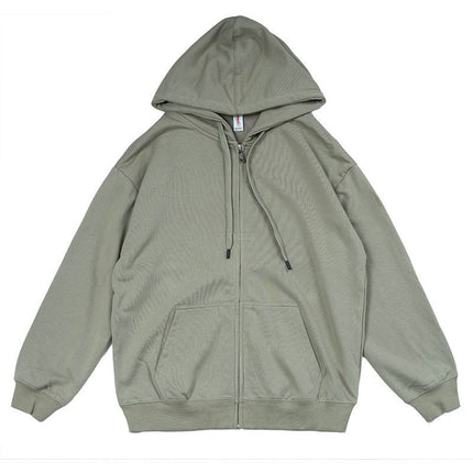 Loose version of the earth color 320G zipper hooded moss green light green grass green solid color simple sweater for men and women
