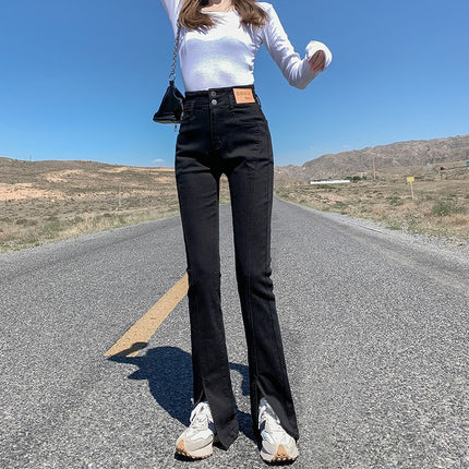 Fleece-Lined Thick Black Flared Jeans with Slits for Women, High-Waisted, Slimming, Autumn and Winter 2025 New Style, Extended Length Pants
