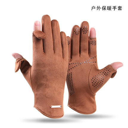 Warm Gloves for Autumn and Winter, Men's and Women's Models, Soft, Windproof, Cold-Proof, Non-Slip, Fingerless, Suede Full-Finger Cycling Gloves