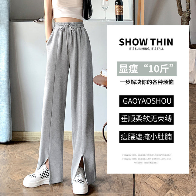 Grey Wide Leg Pants Women's Summer Thin 2024 New High Waist Dipped Loose Casual Mop Split Sports Pants