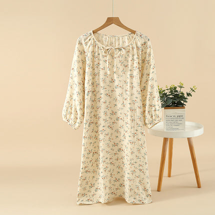 Nightdress women's cotton yarn crepe round neck pullover Spring and Autumn long sleeve pajamas loose outer wear thin home dress