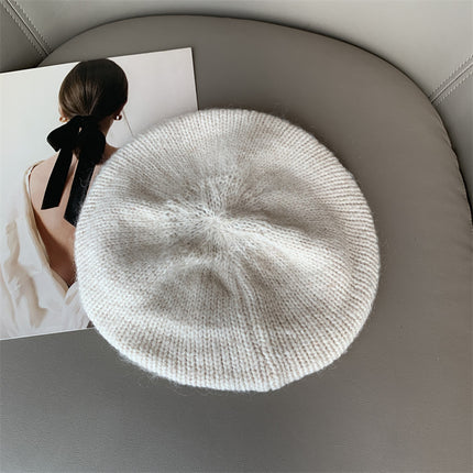 mohair knitted beret children autumn and winter warm big head circumference painter hat solid color wool hat