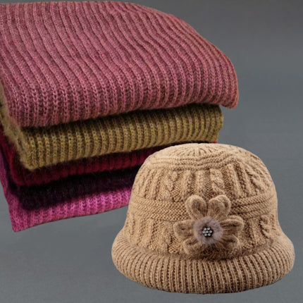 Middle-aged and elderly autumn and winter mother's hat scarf set fleece-lined thickened warm wool knitted hat women's basin hat winter