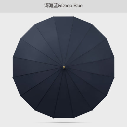 Solid color fresh 16-bone long handle umbrella double large rain-resistant straight rod umbrella High-looking ring handle long handle umbrella