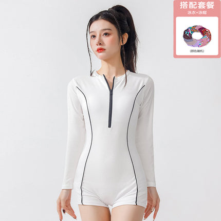 New Swimsuit for Women, One-Piece, Boxer, Conservative, Long-Sleeved, Belly-Covering, Slimming, Professional Sports Hot Spring Swimwear