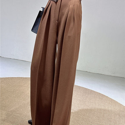 Spring and Autumn New Style Old Money Style Brown Coffee Color Suit Pants for Women, Wide-Leg Pants with Drape Effect, Slimming, Extended Length for Tall Individuals, Straight-Leg Pants