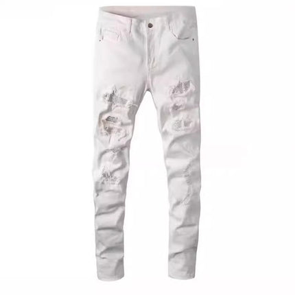 Am Cross-Border Shin European and American High Street Diamond-Encrusted Washed Hole Patchwork Hot Diamond Jeans Beggar Pants for Men