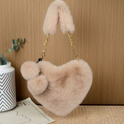 Autumn and Winter Portable Heart Plush Bag, Fashionable Chain Crossbody Plush Bag, Peach Heart Bag, Popular Fur Trendy Style for Women
