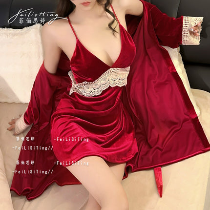 Sexy Gold Velvet Pajamas Autumn and Winter New Chest Pad Sling Nightgown suit Nightgown Lace Two-Piece Home Clothes