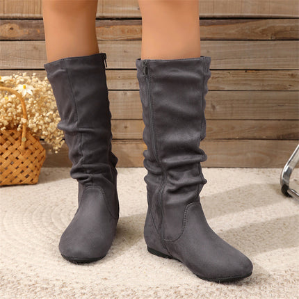 Free Shipping Cross-Border Pleated Fashion Boots with Inner Zipper, Flat Comfortable Women's Boots, Versatile European and American Style Flat Mid-Calf Boots