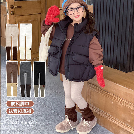 Girls New Winter Lamb Velvet Windproof Foot Dark Striped Socks Round Letter Embroidered M Stereo Leggings