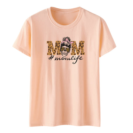 Amazon momlife Skull Leopard Print Sunglasses Mother's Day Gift Letter Print Casual Short Sleeve T-Shirt Women