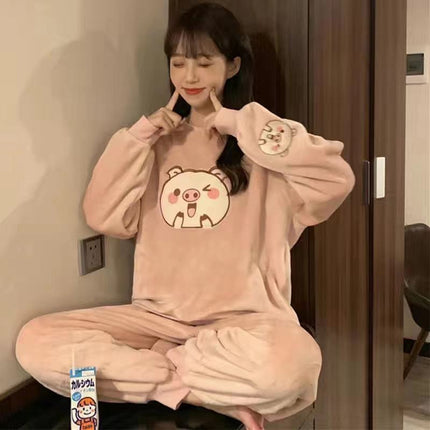 2024 New Autumn and Winter Coral Velvet Cartoon Stripesd Women's Pajamas Thickeneded and Wearable Home Wear Set