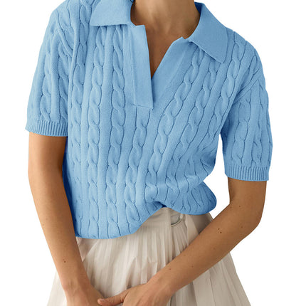 2025 Export Amazon European and American Clothing Polo Collar Short-Sleeved Knitwear Women's Casual Pure Color Cable Knitted Knitwear