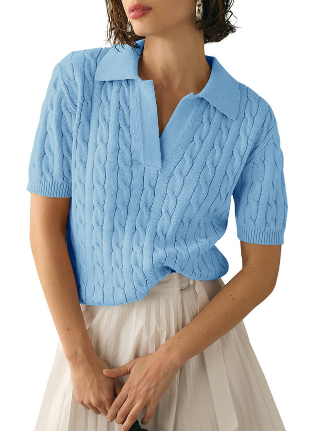 2025 Export Amazon European and American Clothing Polo Collar Short-Sleeved Knitwear Women's Casual Pure Color Cable Knitted Knitwear