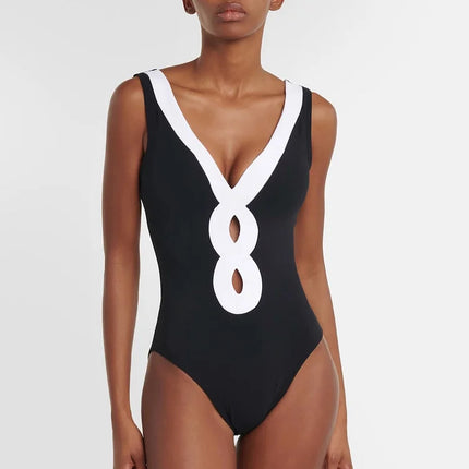 2024 European and American Swimwear New Simple Black and White Contrast Color one-piece Swimsuit Women's Cross-border Explosion 25099