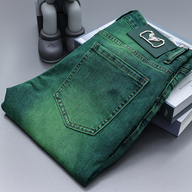 European Station High-end Light Luxury Trendy Brand European Fashion Emerald Green Jeans Men's Slim-fit Mid-waist Small Straight Long Pants