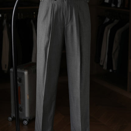 [Ruishen Apparel] Wool Blend Single-Pleat Striped Dress Pants for Business and Commuting, Slim Fit Naples Casual Trousers