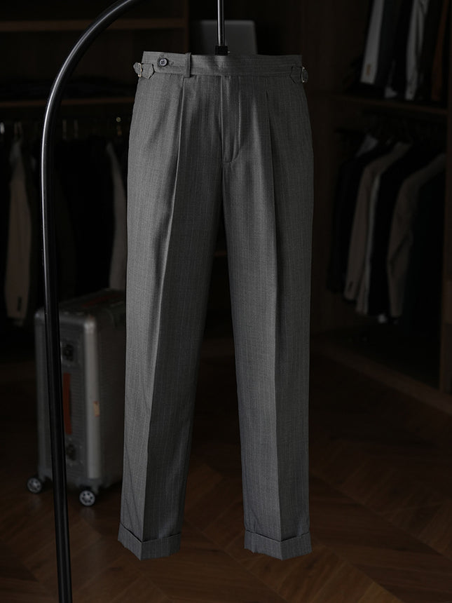 [Ruishen Apparel] Wool Blend Single-Pleat Striped Dress Pants for Business and Commuting, Slim Fit Naples Casual Trousers