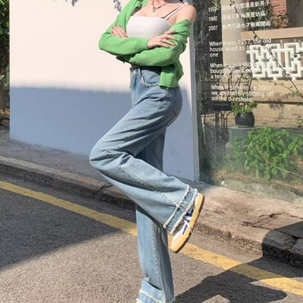 light blue Straight Leg Jeans Women's Trendy All-match New High Waist Loose Narrow American Style Retro Wide Leg Long Pants