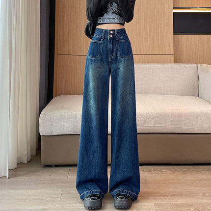 Two Buckle Wide Leg Jeans 2025 Maillard Stretch Loose Mop Pants Pocket Design All-match Women's Wear