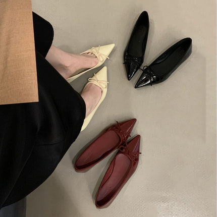 French-Style Bow Shallow Mouth Single Shoes 2025 Early Summer New Slip-On Patent Leather Shoes Versatile Simple Pointed Toe Work Shoes