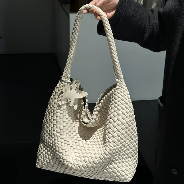 Cross-Border Large-Capacity Hand-Woven Bags for Women, Commuter Bags, High-End Shoulder Bags, Fashionable Satchel Bucket Bags