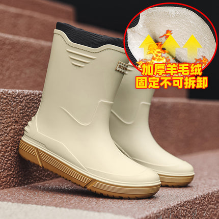 Men's Waterproof Rain Boots with Cuffs, Fishing Water Shoes, Fleece-Lined, Non-Slip Kitchen Work Rubber Shoes, Comfortable Soft-Soled Rain Boots