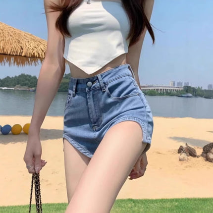 Hot Girls Denim Shorts Women's Design Sense Niche High Waist Slimming Legs Long Tight Hip Elastic Irregular Hot Pants