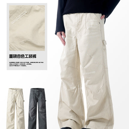 11Kn American Retro Straight Cargo Pants for Men and Women, Slimming Look, Knife-Cut, Frayed, Distressed, Pure Cotton, Trendy Logging Casual Pants