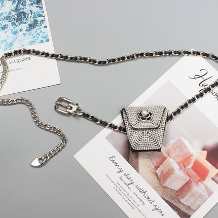 Mini Full diamond small waist bag female fashion ins silver decorative waist chain bag new adjustable body chain rhinestone bag