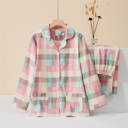 Brushed pajamas women's Japanese-style cotton flannel Spring and Autumn new warm non-printed same style outdoor home wear suit