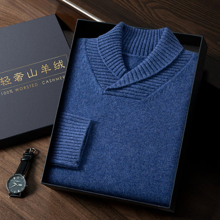 Men's cashmere sweater green collar autumn and winter thickened sweater business casual all-matching men's pure cashmere sweater