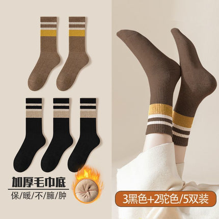 Socks Women's Autumn and Winter Mid-length Socks fleece-lined Thickened Warm terry Towel Bottom Cotton Socks High-tube Fashionable Women's Stockings