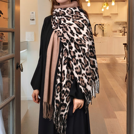 Women's Leopard Print Scarf Imitation Cashmere Thickeneded Tassel Fashion Printed Warm Scarf Autumn and Winter Cold-Proof Cloak Shawl