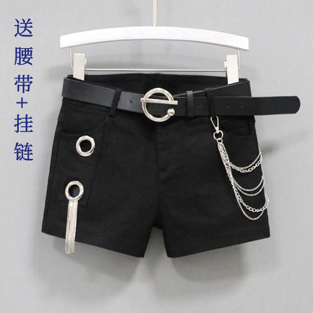 Black Shorts for Women, New Korean Style, Tassel Chain Metal Hot Pants, Mid-Waist Slim Fit, Fashionable Straight-Leg Pants