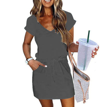 Women's Colorful Striped Printed V Neck Short Sleeve Drawstring Elastic Waist Pocket Pullover Dress