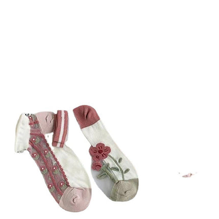 Glass Silk Stockings Children's Shallow Socks Thin Spring and Summer Crystal Silk Sweet Mori Short Tube Boat Socks Student Socks Flowers