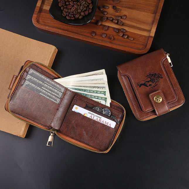 Cross-border Men's Wallet Short Vintage Fashion Zipper Bag Multi-card Wallet Large Capacity Business Card Bag Carry-on