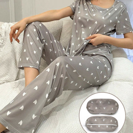 Cross-Border Women's New Foreign Trade Casual Home Wear Heart Short-Sleeved Trousers Two-Piece Set Comfortable Eye Mask Pajamas Set