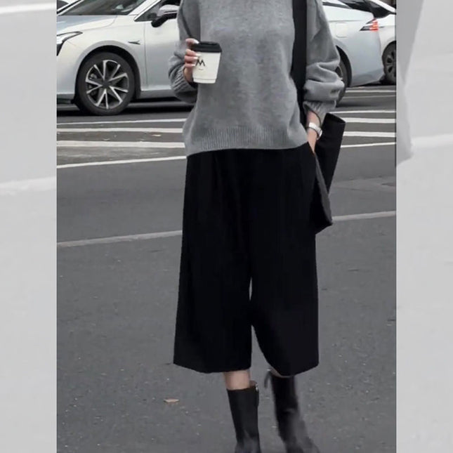 Black Three-Quarter Woolen Pants for Women, Loose Wiring, 2025 Autumn and Winter New Style, Relaxed Tone, Thickeneded Casual Wide-Leg Pants