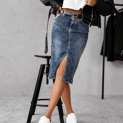 European and American Women's Elastic Heavy-Duty Color-Washed Hip-Hugging Front Slit Denim Pencil Mid-Length Skirt