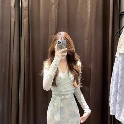 French Green v Neck Floral Mesh Long-sleeved Dress Women's Cardigan Sense Slim Waist Elegant Two-piece Set